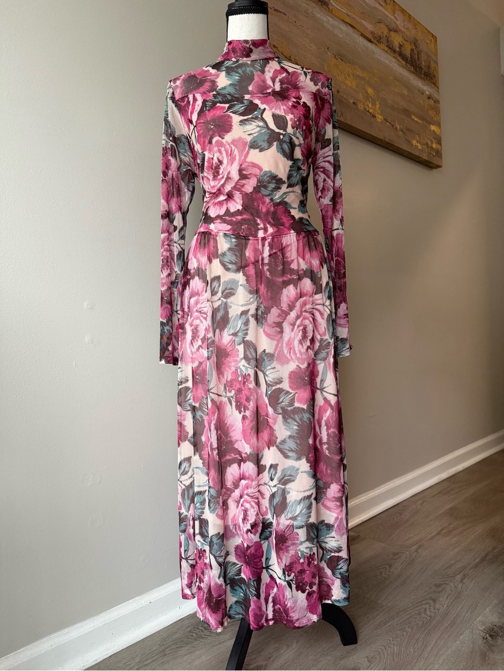 En Focus Studio Floral Mesh Mock Neck Maxi Dress Size 8 Romantic Goth